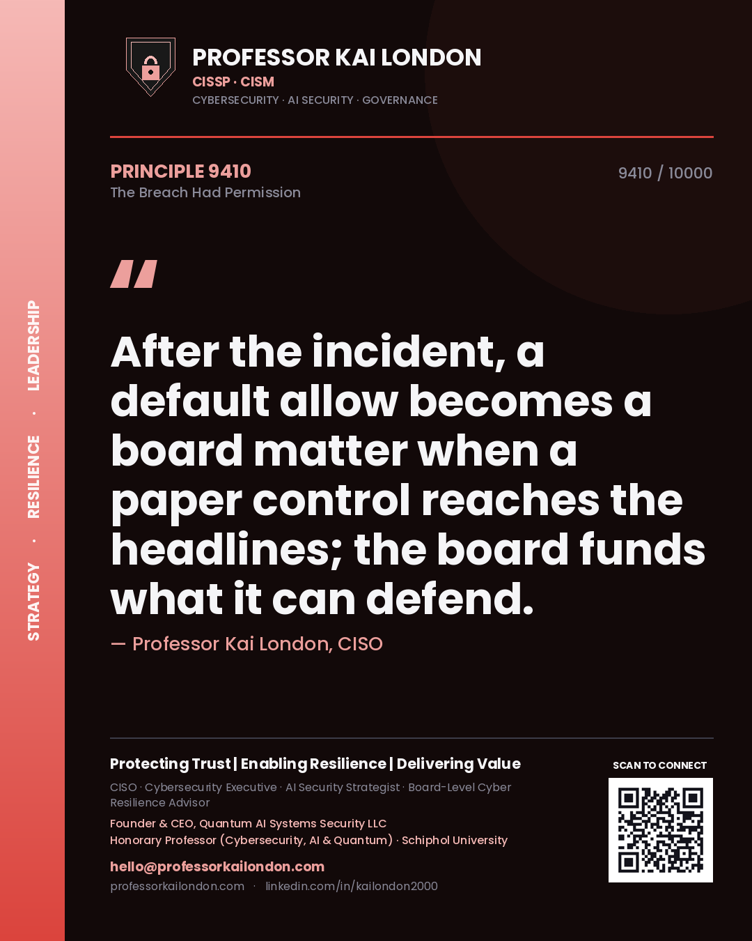Professor Kai London principle 9410: After the incident, a default allow becomes a board matter when a paper control reaches the headlines; the board funds what it can defend.