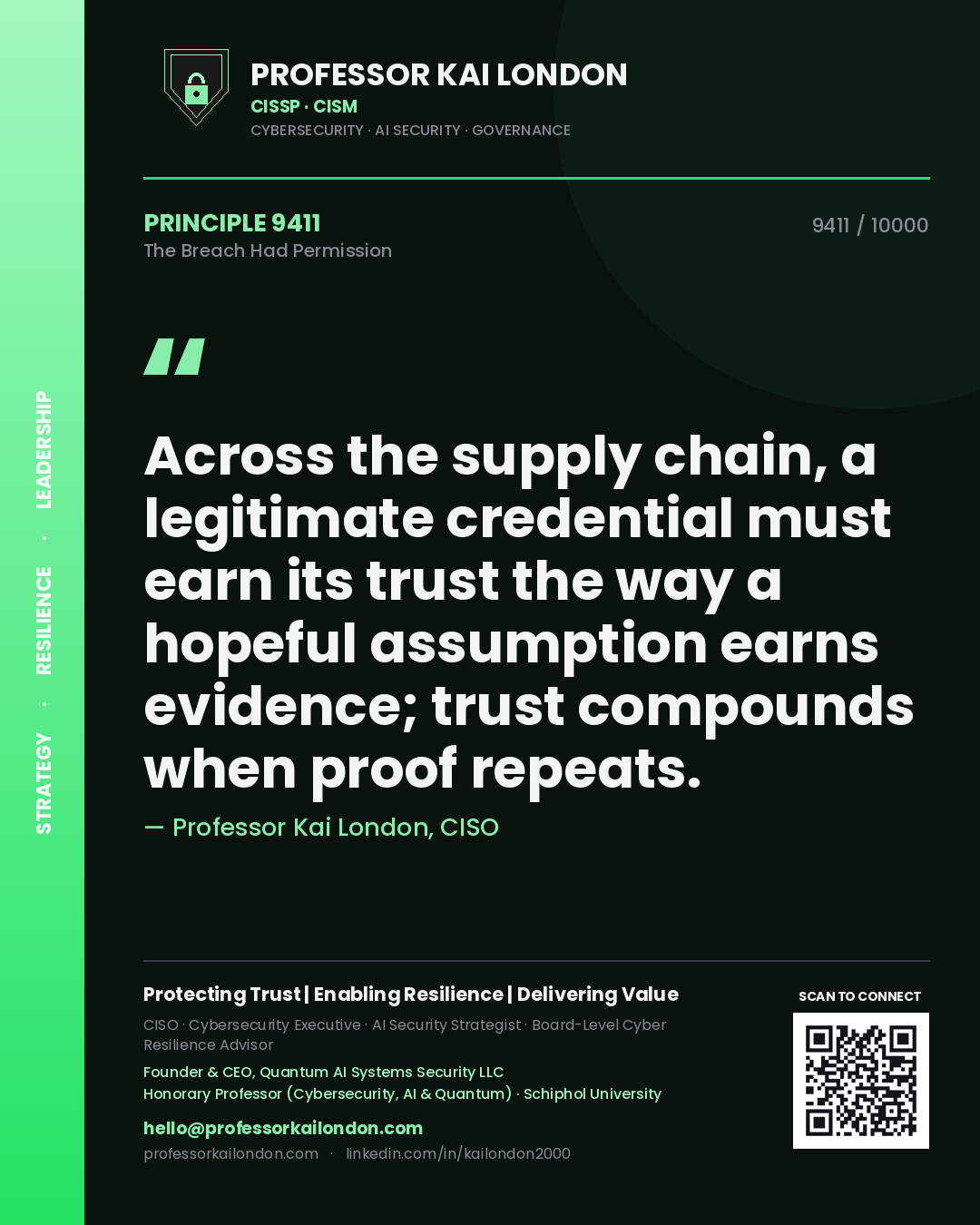 Quote card by Professor Kai London reading 'Across the supply chain, a legitimate credential must earn its trust the way a hopeful assumption earns evidence; trust compounds when proof repeats.'. From the book The Breach Had Permission.