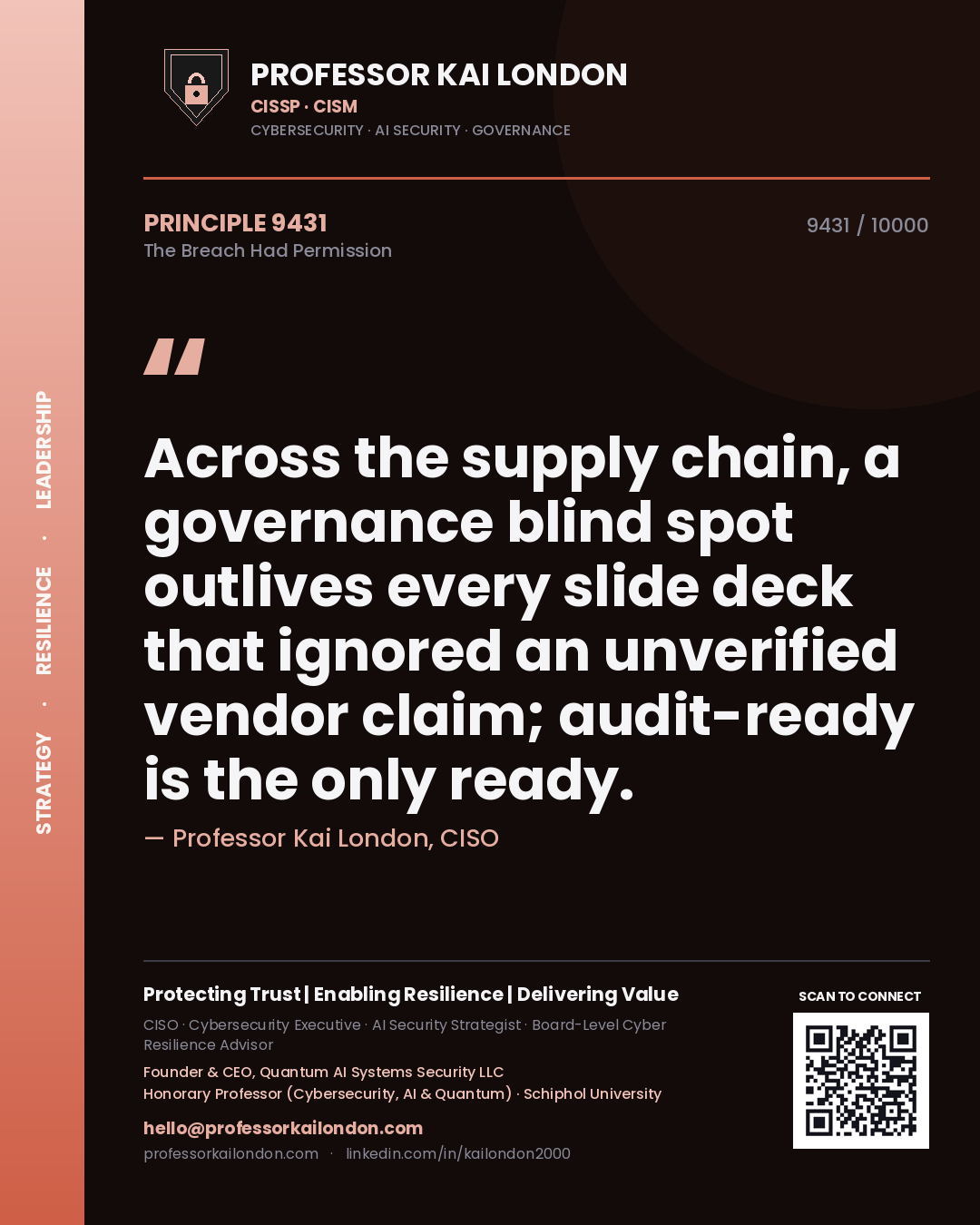 Quote card by Professor Kai London reading 'Across the supply chain, a governance blind spot outlives every slide deck that ignored an unverified vendor claim; audit-ready is the only ready.'. From the book The Breach Had Permission.