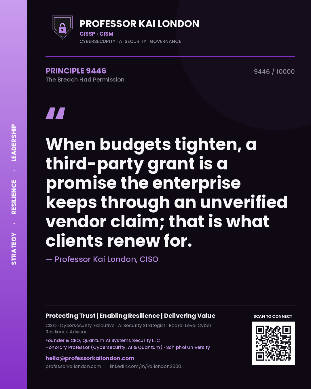Professor Kai London principle 9446: When budgets tighten, a third-party grant is a promise the enterprise keeps through an unverified vendor claim; that is what clients renew for.