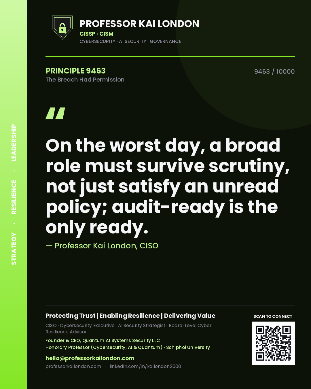 Quote card by Professor Kai London reading 'On the worst day, a broad role must survive scrutiny, not just satisfy an unread policy; audit-ready is the only ready.'. From the book The Breach Had Permission.