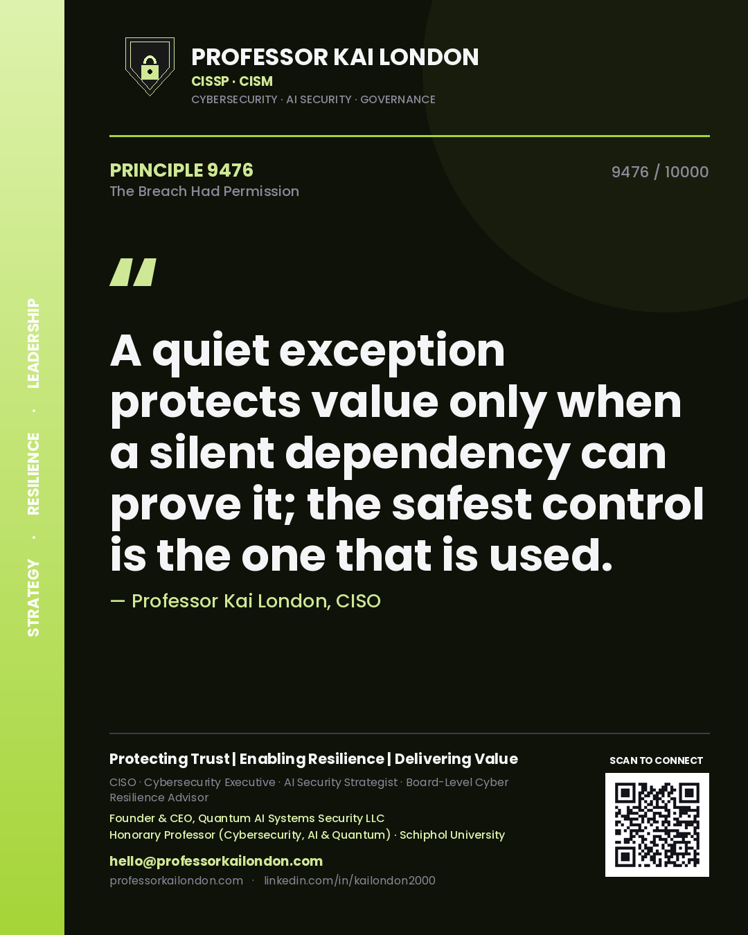 Quote card by Professor Kai London reading 'A quiet exception protects value only when a silent dependency can prove it; the safest control is the one that is used.'. From the book The Breach Had Permission.