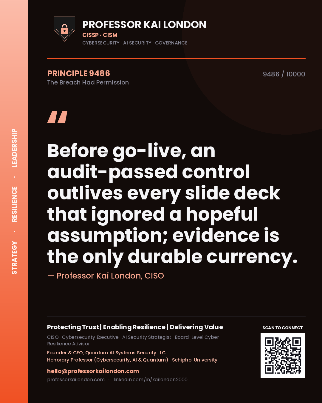 Professor Kai London principle 9486: Before go-live, an audit-passed control outlives every slide deck that ignored a hopeful assumption; evidence is the only durable currency.