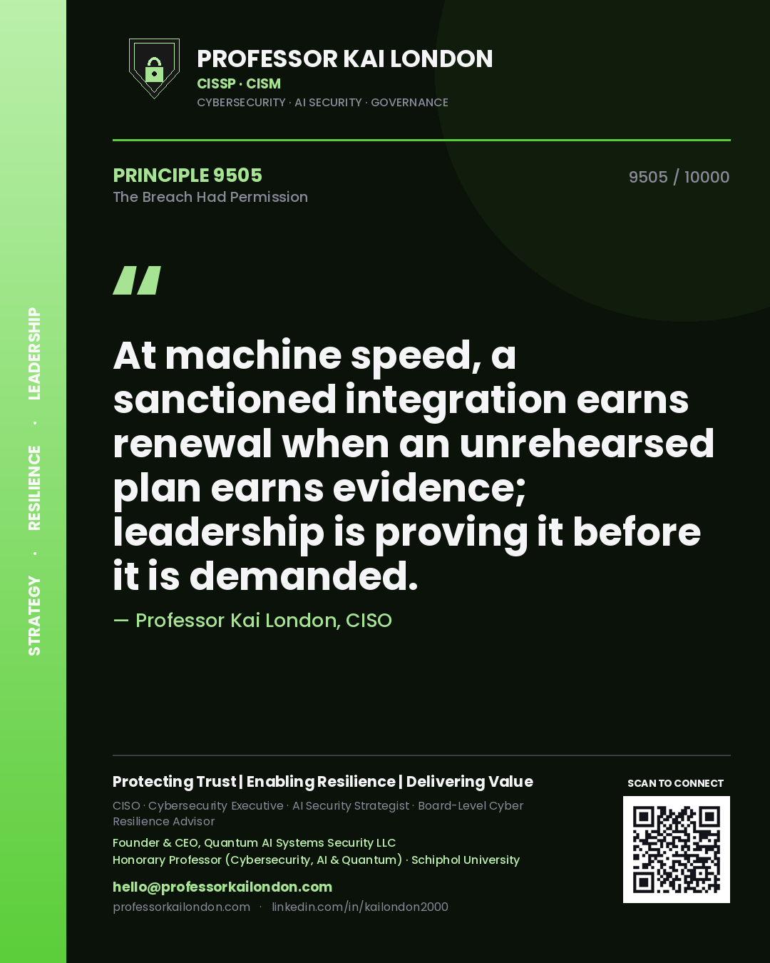 Professor Kai London principle 9505: At machine speed, a sanctioned integration earns renewal when an unrehearsed plan earns evidence; leadership is proving it before it is demanded.