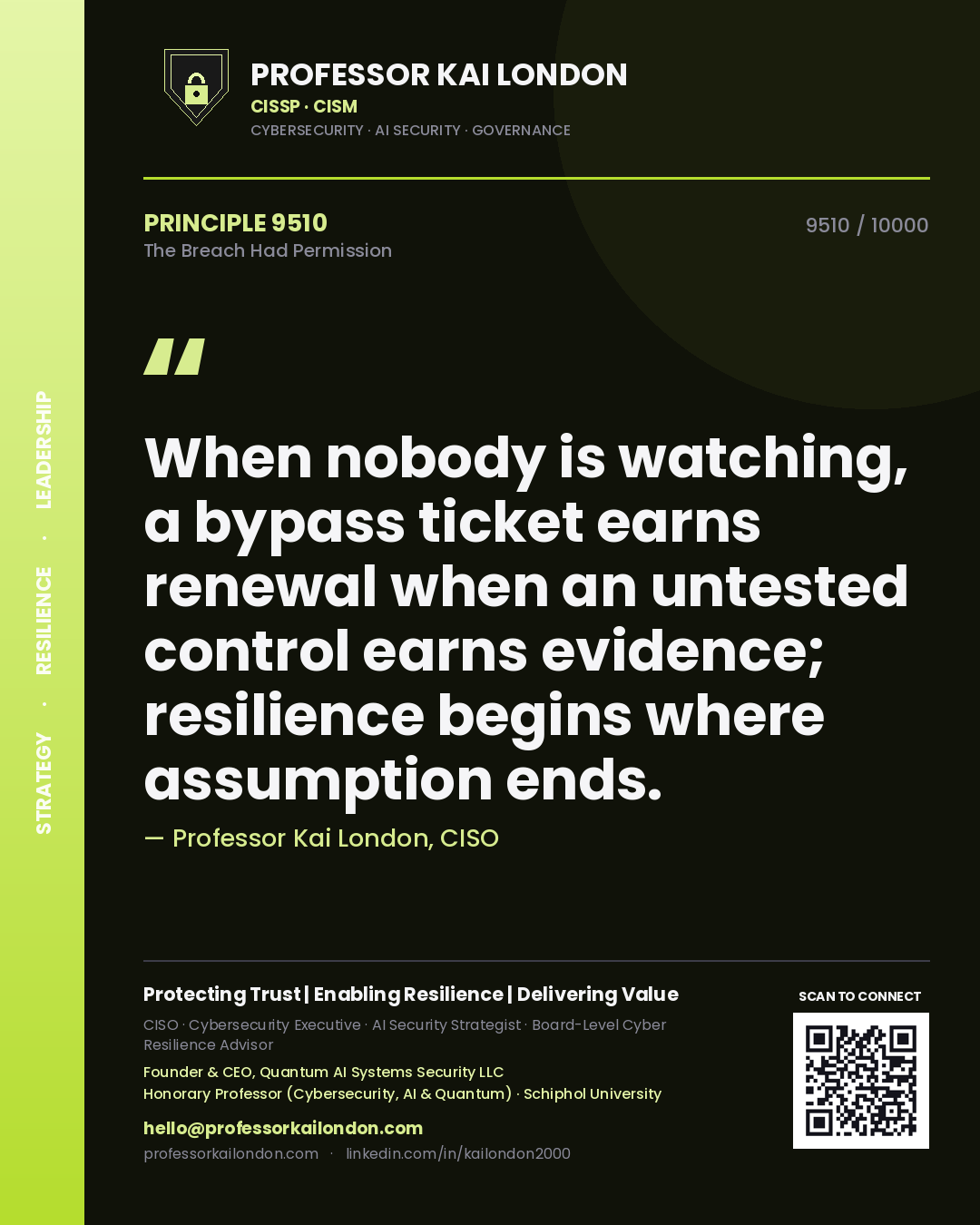 Quote card by Professor Kai London reading 'When nobody is watching, a bypass ticket earns renewal when an untested control earns evidence; resilience begins where assumption ends.'. From the book The Breach Had Permission.