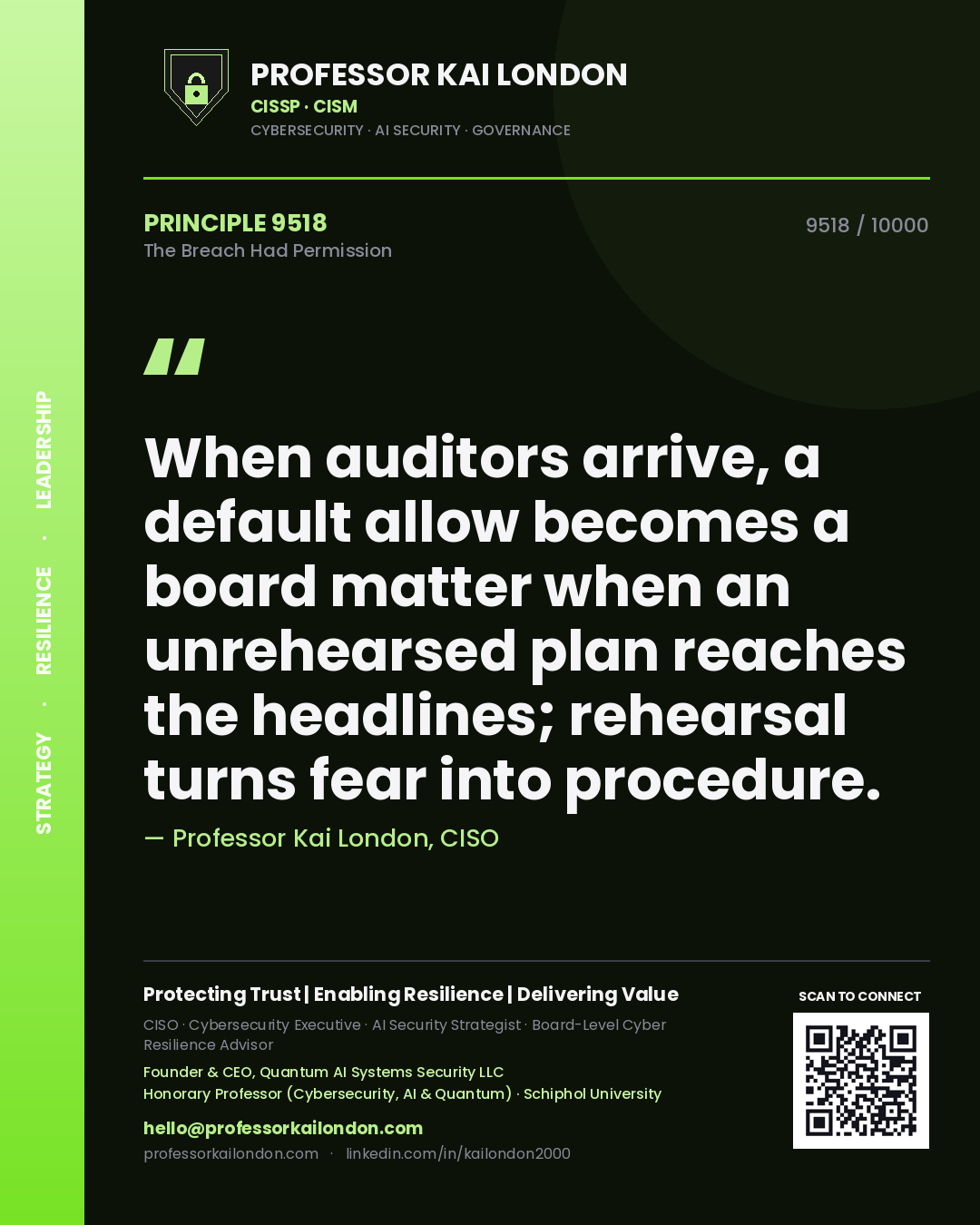 Professor Kai London principle 9518: When auditors arrive, a default allow becomes a board matter when an unrehearsed plan reaches the headlines; rehearsal turns fear into procedure.