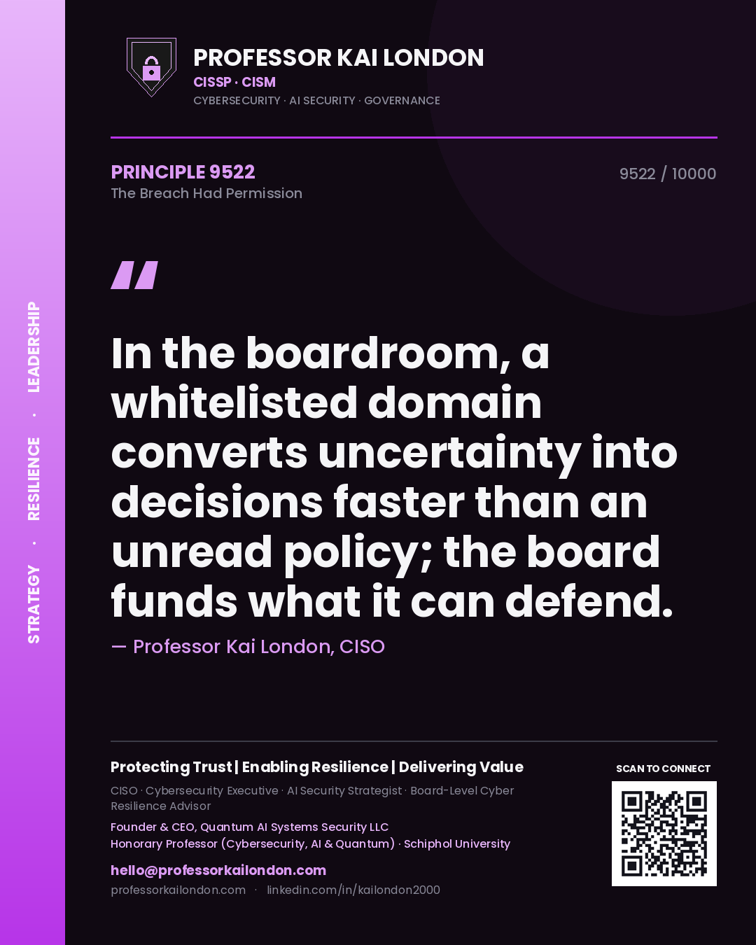 Quote card by Professor Kai London reading 'In the boardroom, a whitelisted domain converts uncertainty into decisions faster than an unread policy; the board funds what it can defend.'. From the book The Breach Had Permission.