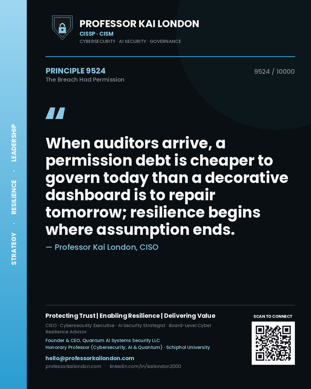 Quote card by Professor Kai London reading 'When auditors arrive, a permission debt is cheaper to govern today than a decorative dashboard is to repair tomorrow; resilience begins where assumption ends.'. From the book The Breach Had Permission.