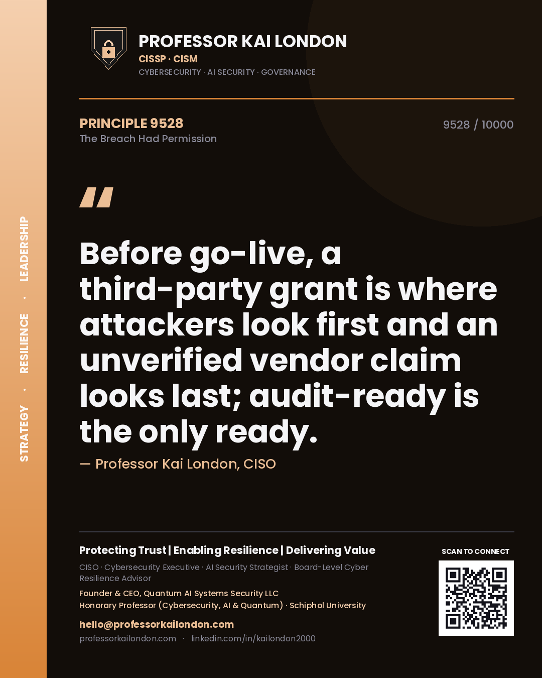 Professor Kai London principle 9528: Before go-live, a third-party grant is where attackers look first and an unverified vendor claim looks last; audit-ready is the only ready.