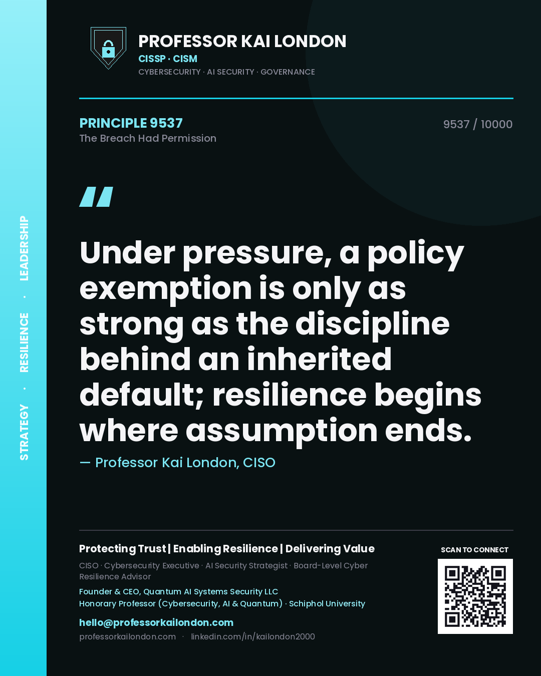 Quote card by Professor Kai London reading 'Under pressure, a policy exemption is only as strong as the discipline behind an inherited default; resilience begins where assumption ends.'. From the book The Breach Had Permission.