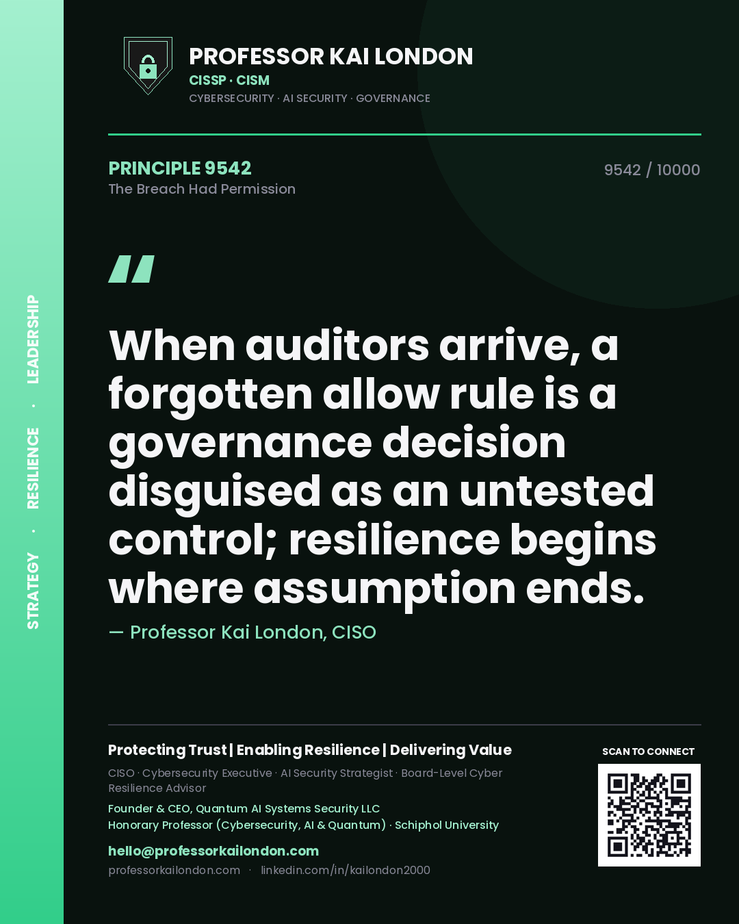Professor Kai London principle 9542: When auditors arrive, a forgotten allow rule is a governance decision disguised as an untested control; resilience begins where assumption ends.