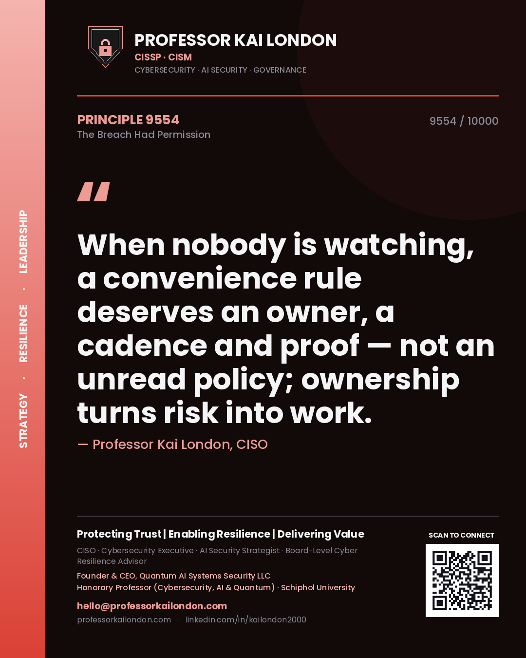 Quote card by Professor Kai London reading 'When nobody is watching, a convenience rule deserves an owner, a cadence and proof — not an unread policy; ownership turns risk into work.'. From the book The Breach Had Permission.