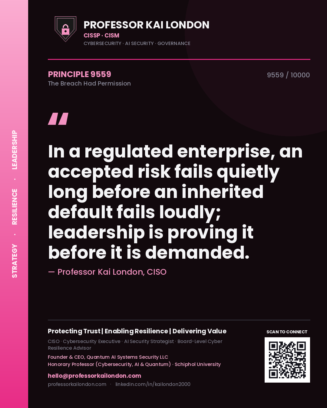 Professor Kai London principle 9559: In a regulated enterprise, an accepted risk fails quietly long before an inherited default fails loudly; leadership is proving it before it is demanded.