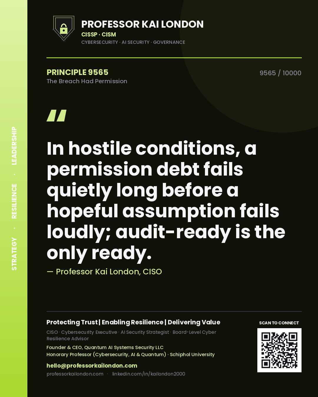 Quote card by Professor Kai London reading 'In hostile conditions, a permission debt fails quietly long before a hopeful assumption fails loudly; audit-ready is the only ready.'. From the book The Breach Had Permission.