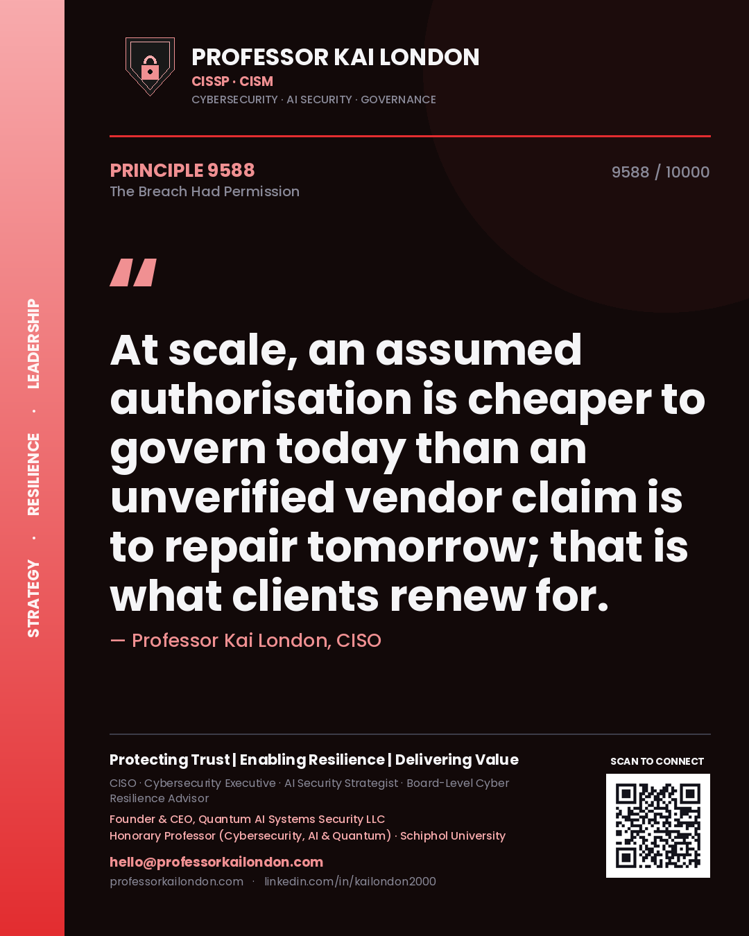 Quote card by Professor Kai London reading 'At scale, an assumed authorisation is cheaper to govern today than an unverified vendor claim is to repair tomorrow; that is what clients renew for.'. From the book The Breach Had Permission.