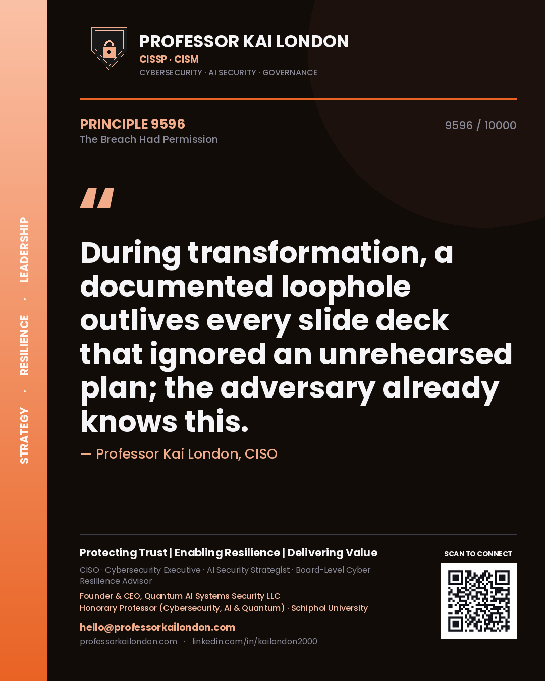 Professor Kai London principle 9596: During transformation, a documented loophole outlives every slide deck that ignored an unrehearsed plan; the adversary already knows this.