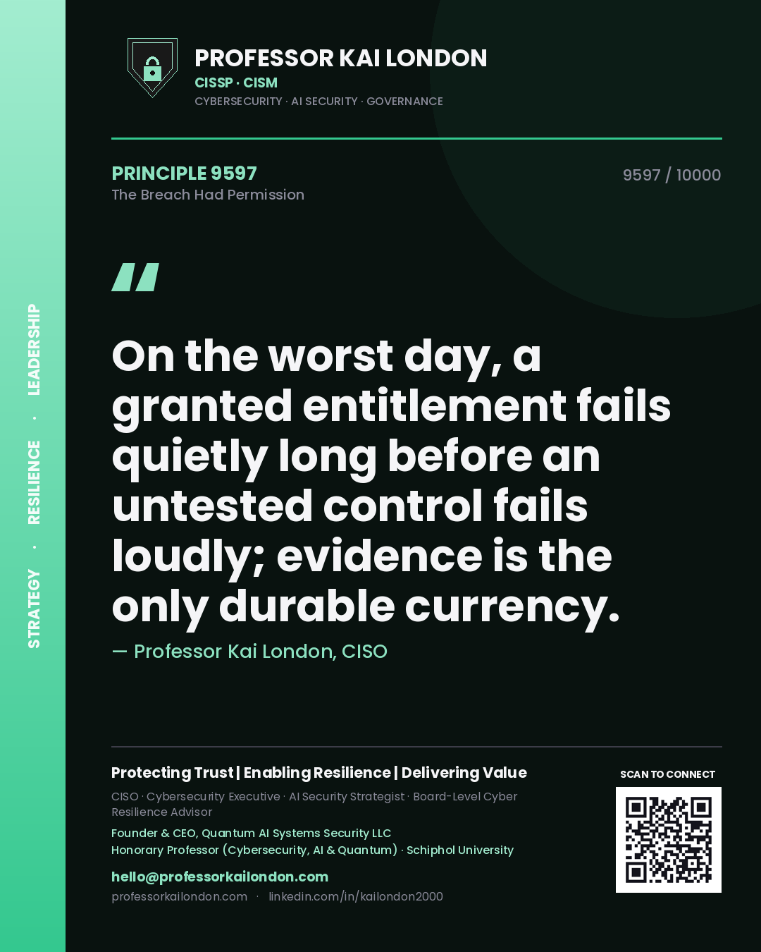 Professor Kai London principle 9597: On the worst day, a granted entitlement fails quietly long before an untested control fails loudly; evidence is the only durable currency.