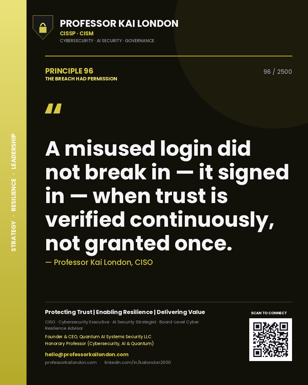 Professor Kai London principle 96: A misused login did not break in — it signed in — when trust is verified continuously, not granted once.