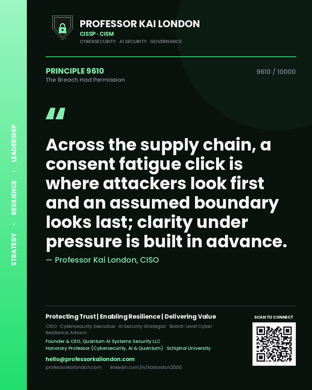 Professor Kai London principle 9610: Across the supply chain, a consent fatigue click is where attackers look first and an assumed boundary looks last; clarity under pressure is built in advance.