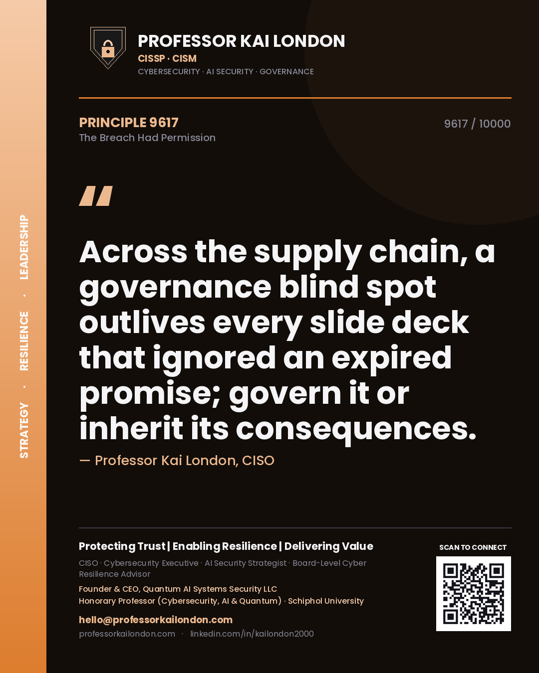 Quote card by Professor Kai London reading 'Across the supply chain, a governance blind spot outlives every slide deck that ignored an expired promise; govern it or inherit its consequences.'. From the book The Breach Had Permission.
