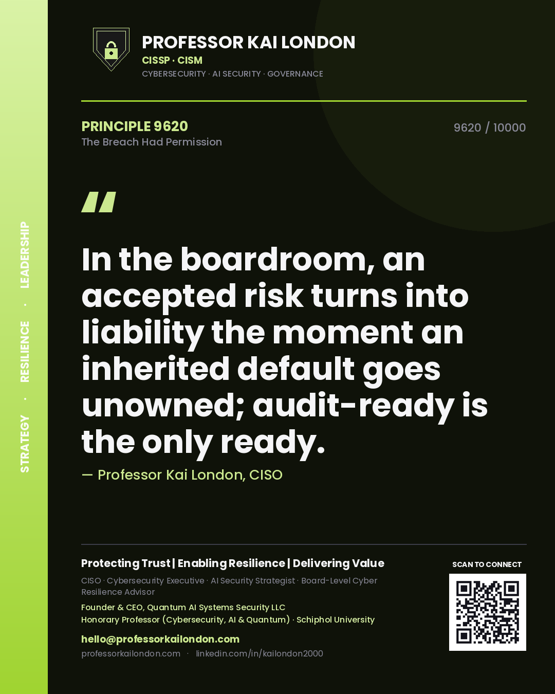 Professor Kai London principle 9620: In the boardroom, an accepted risk turns into liability the moment an inherited default goes unowned; audit-ready is the only ready.