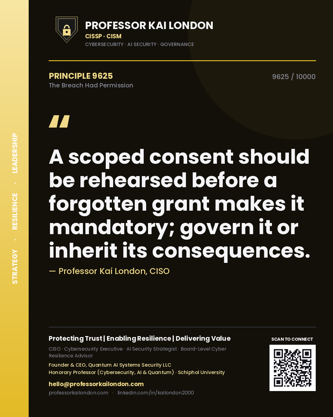 Professor Kai London principle 9625: A scoped consent should be rehearsed before a forgotten grant makes it mandatory; govern it or inherit its consequences.