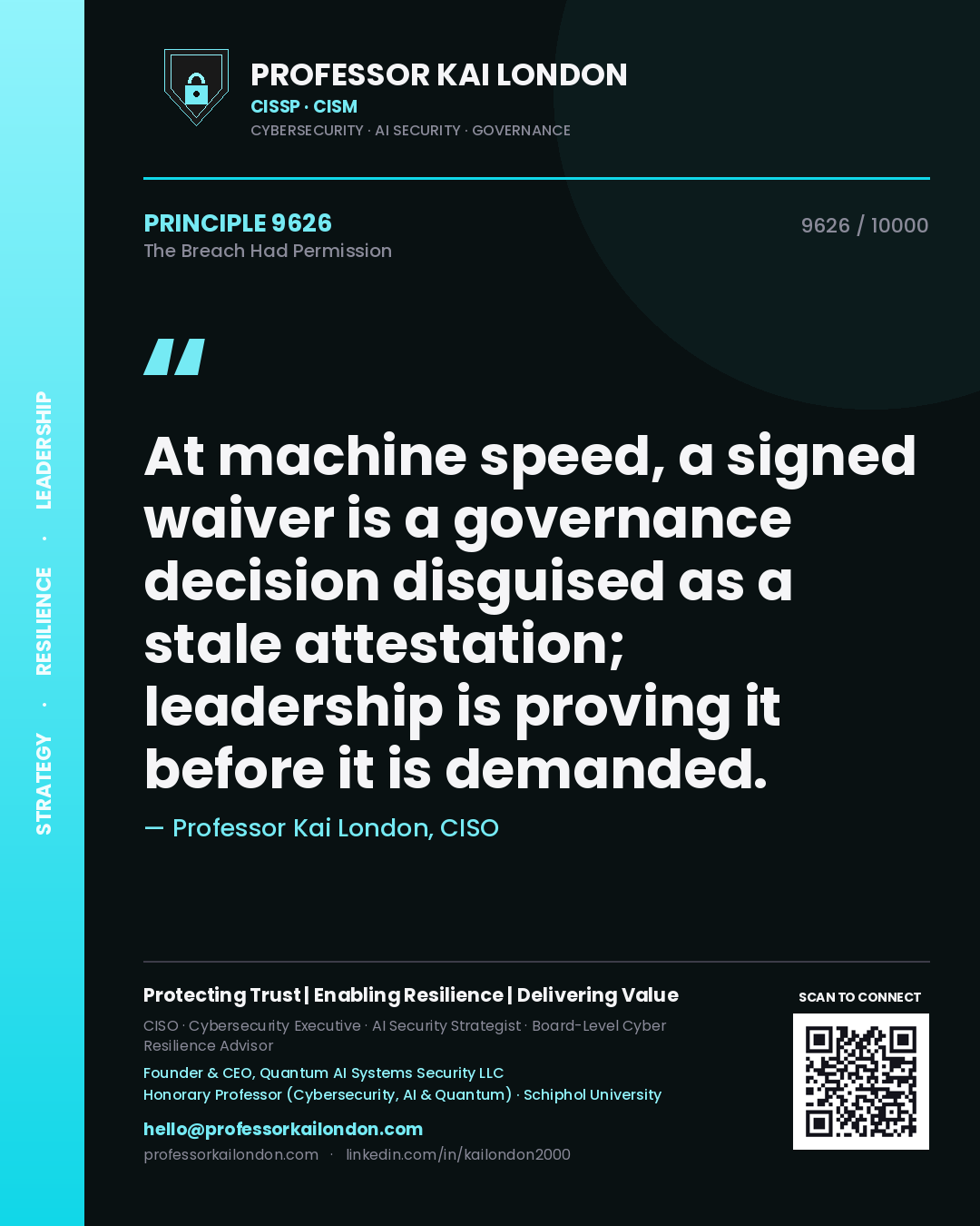 Professor Kai London principle 9626: At machine speed, a signed waiver is a governance decision disguised as a stale attestation; leadership is proving it before it is demanded.