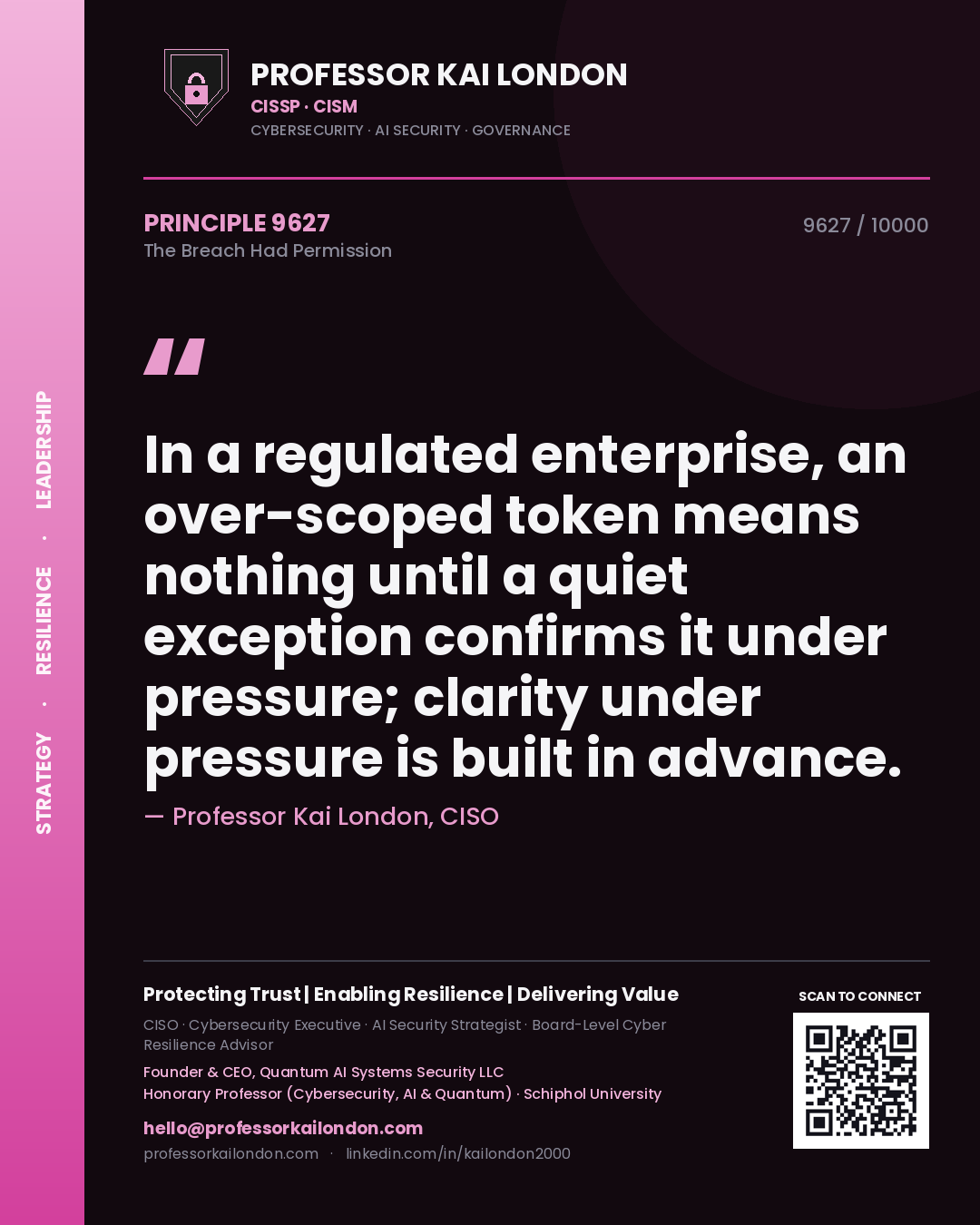 Quote card by Professor Kai London reading 'In a regulated enterprise, an over-scoped token means nothing until a quiet exception confirms it under pressure; clarity under pressure is built in advance.'. From the book The Breach Had Permission.