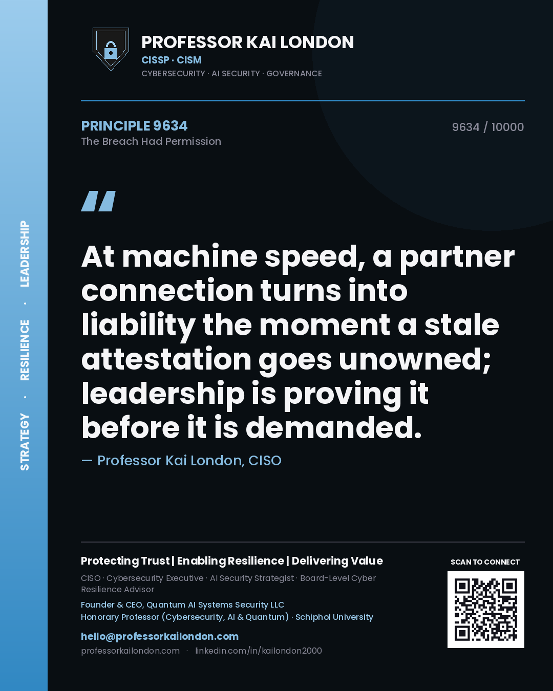 Professor Kai London principle 9634: At machine speed, a partner connection turns into liability the moment a stale attestation goes unowned; leadership is proving it before it is demanded.