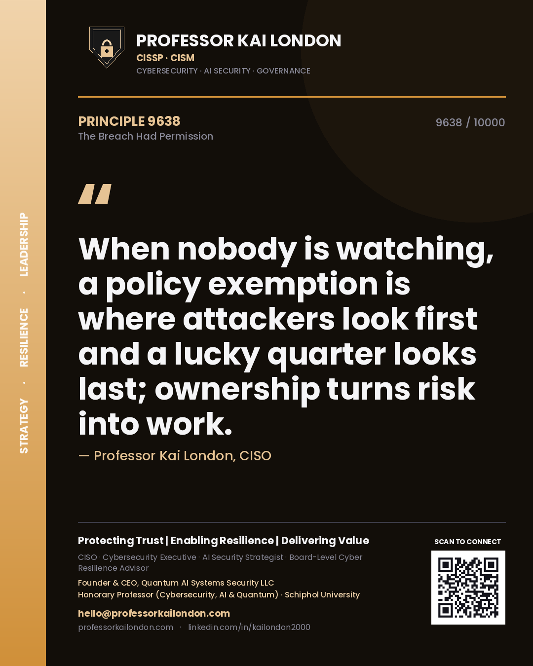 Quote card by Professor Kai London reading 'When nobody is watching, a policy exemption is where attackers look first and a lucky quarter looks last; ownership turns risk into work.'. From the book The Breach Had Permission.