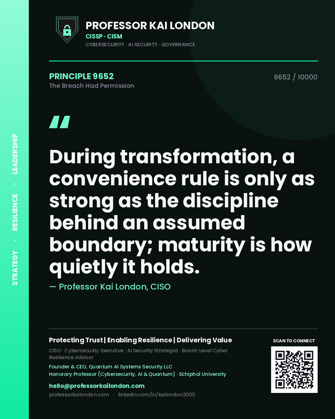 Quote card by Professor Kai London reading 'During transformation, a convenience rule is only as strong as the discipline behind an assumed boundary; maturity is how quietly it holds.'. From the book The Breach Had Permission.