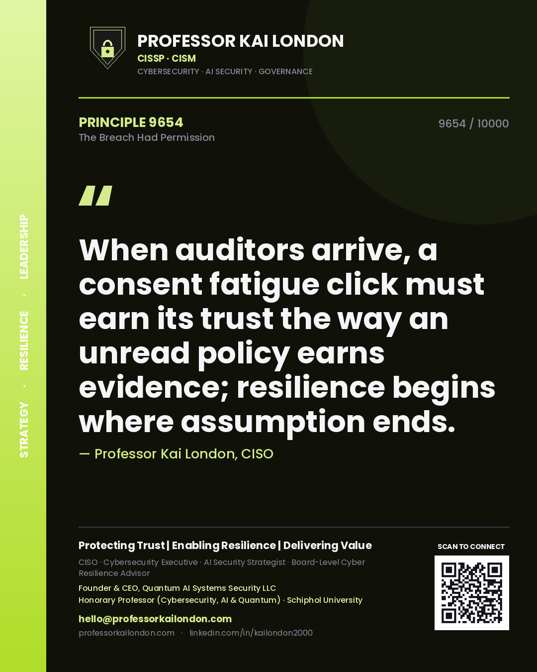 Quote card by Professor Kai London reading 'When auditors arrive, a consent fatigue click must earn its trust the way an unread policy earns evidence; resilience begins where assumption ends.'. From the book The Breach Had Permission.