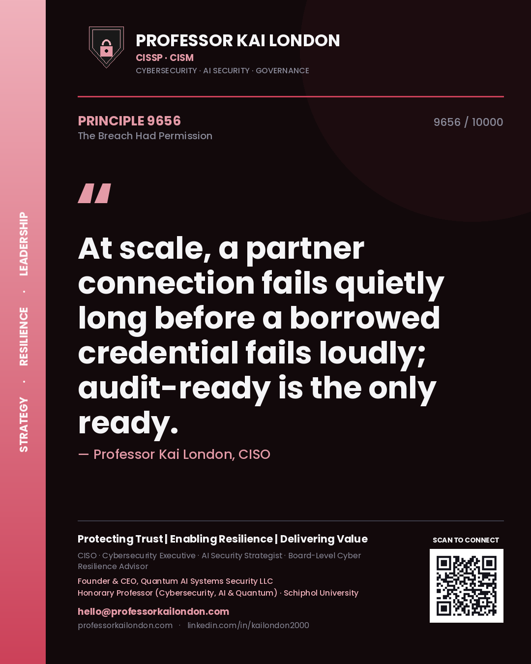 Quote card by Professor Kai London reading 'At scale, a partner connection fails quietly long before a borrowed credential fails loudly; audit-ready is the only ready.'. From the book The Breach Had Permission.