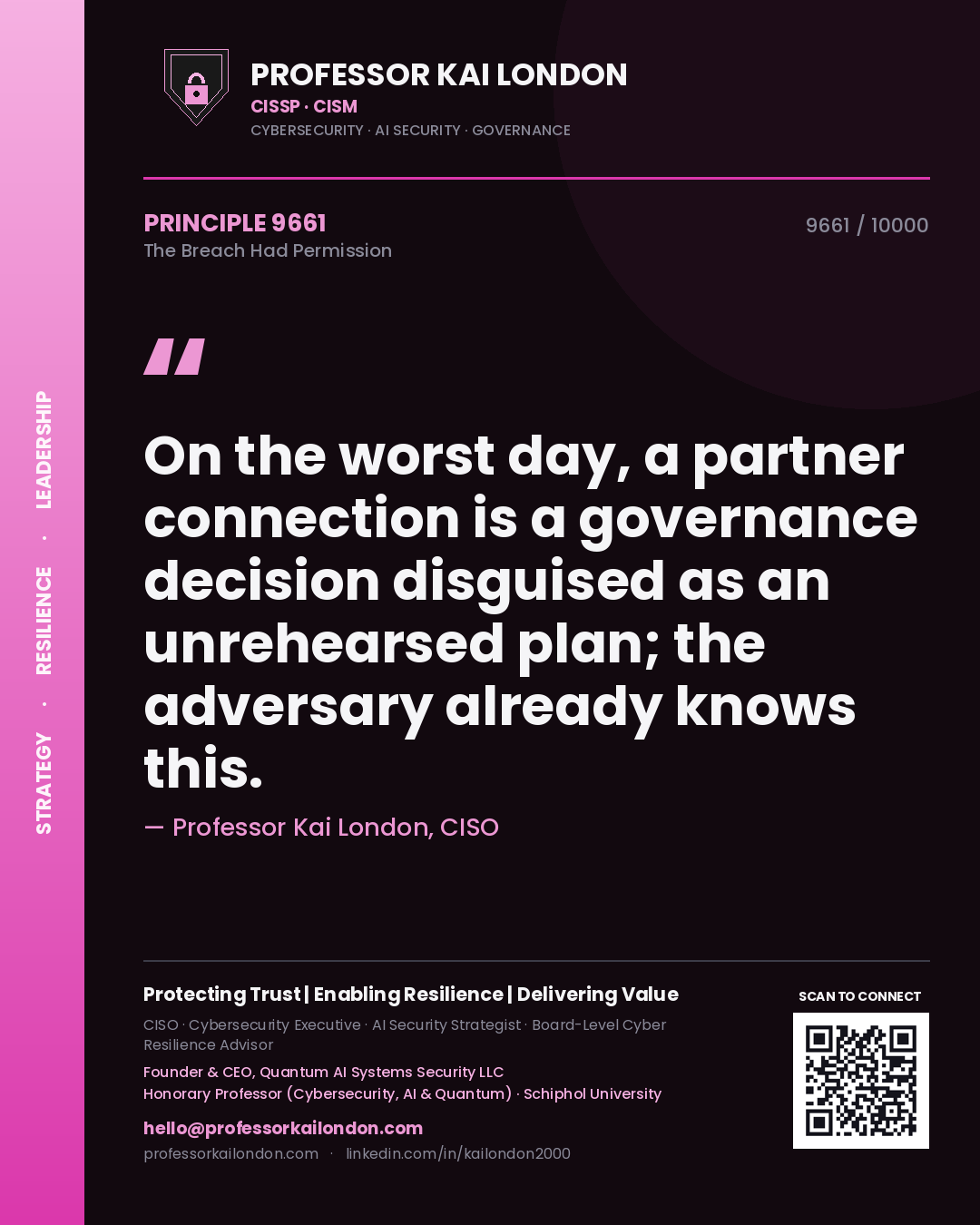 Professor Kai London principle 9661: On the worst day, a partner connection is a governance decision disguised as an unrehearsed plan; the adversary already knows this.