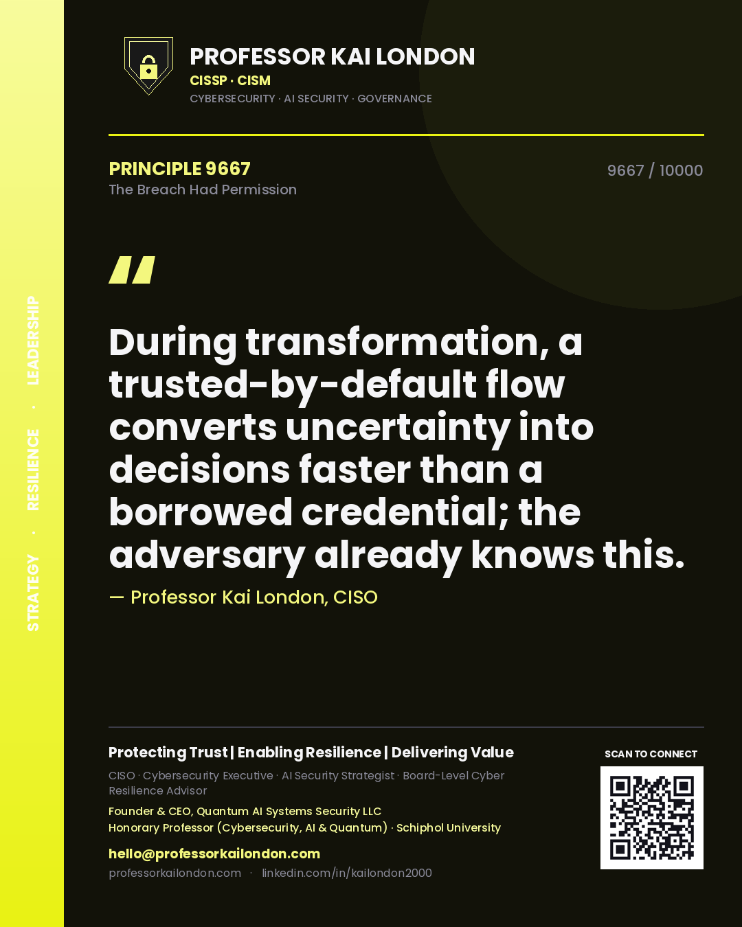 Professor Kai London principle 9667: During transformation, a trusted-by-default flow converts uncertainty into decisions faster than a borrowed credential; the adversary already knows this.