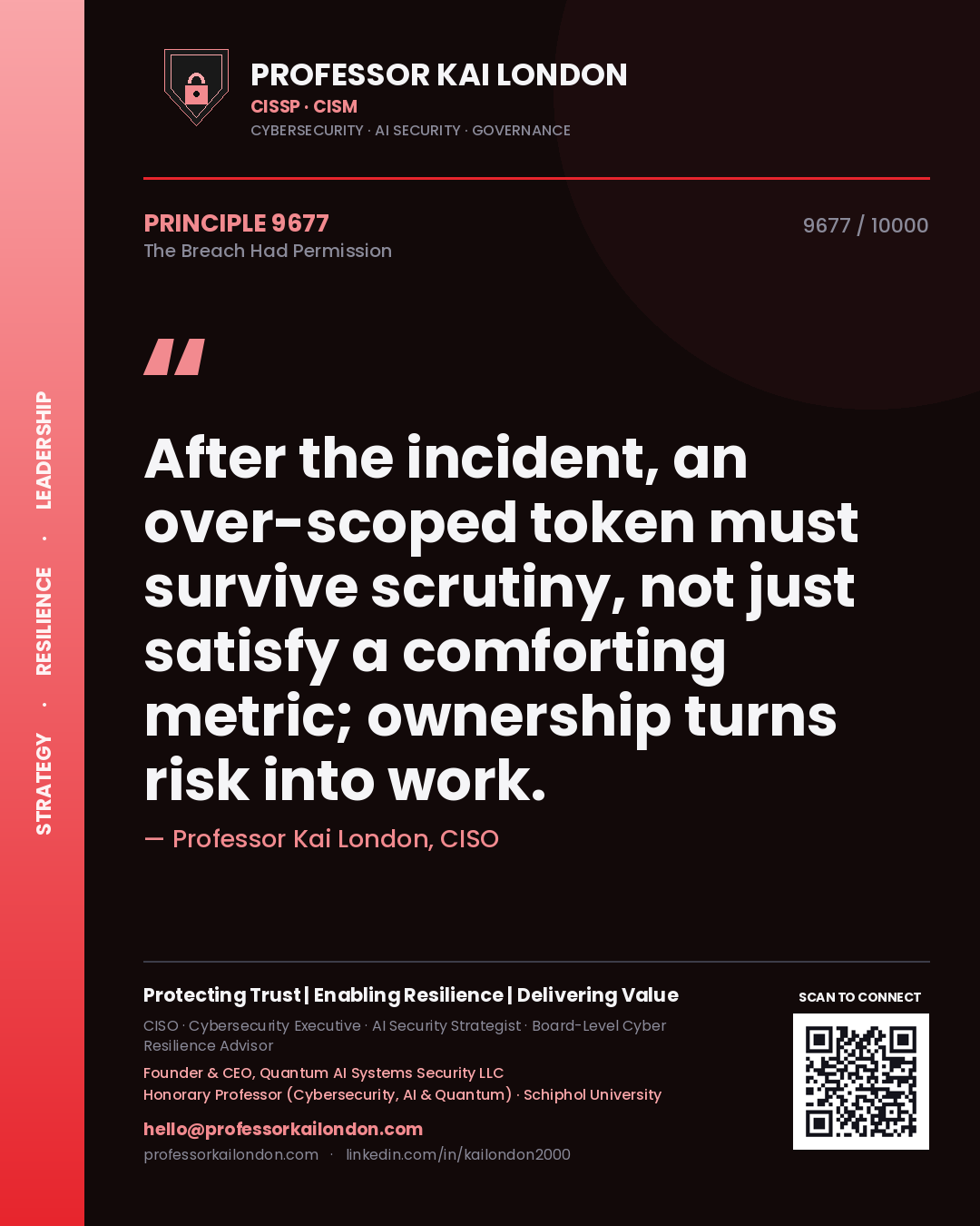 Professor Kai London principle 9677: After the incident, an over-scoped token must survive scrutiny, not just satisfy a comforting metric; ownership turns risk into work.