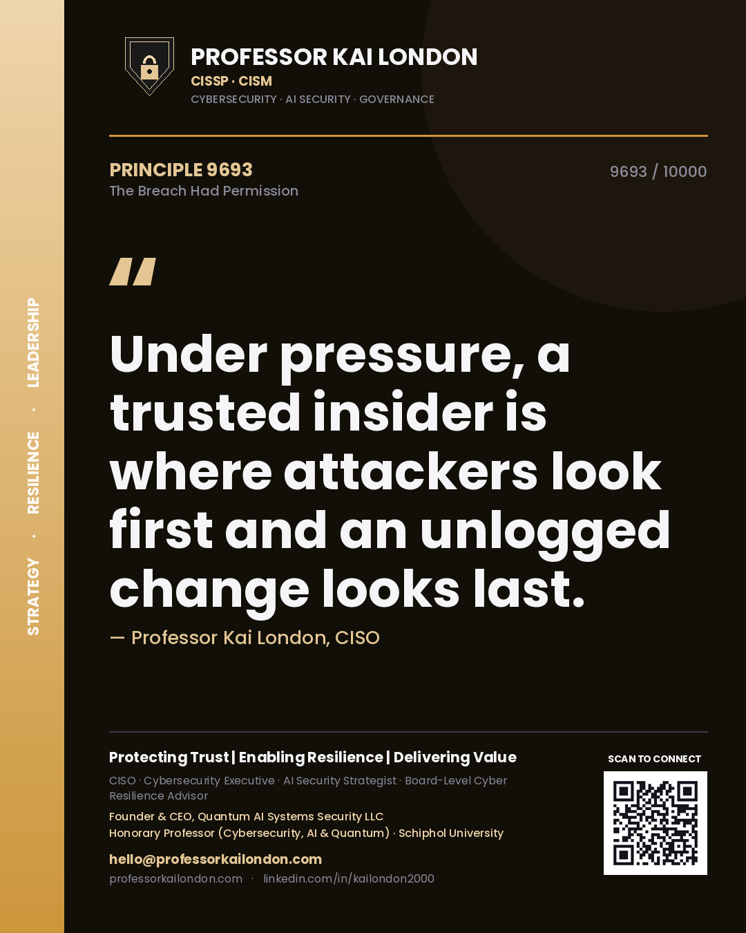 Quote card by Professor Kai London reading 'Under pressure, a trusted insider is where attackers look first and an unlogged change looks last.'. From the book The Breach Had Permission.