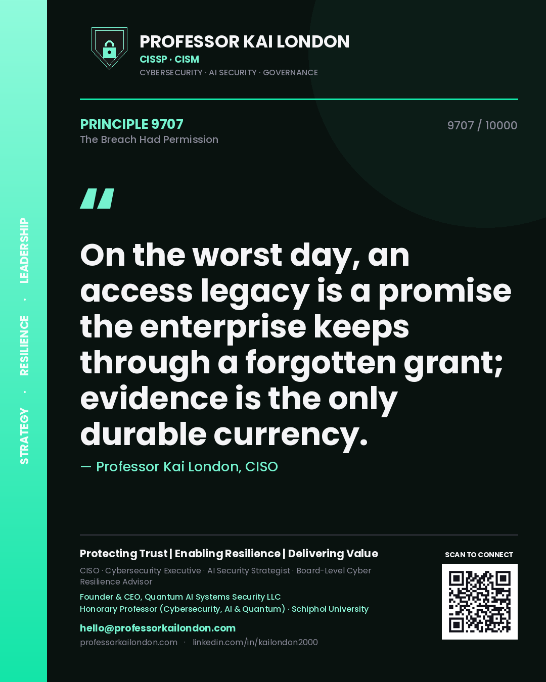 Quote card by Professor Kai London reading 'On the worst day, an access legacy is a promise the enterprise keeps through a forgotten grant; evidence is the only durable currency.'. From the book The Breach Had Permission.