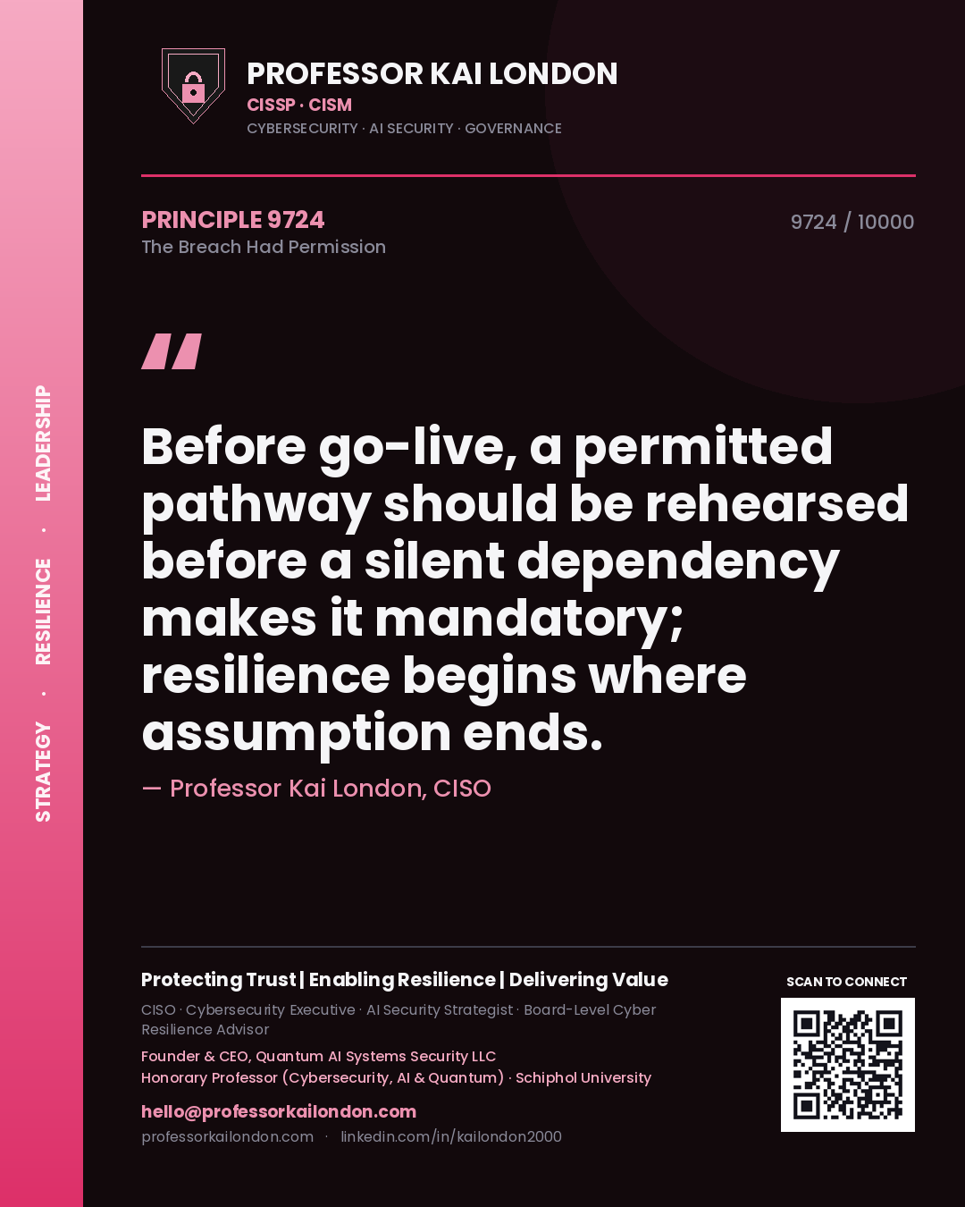 Professor Kai London principle 9724: Before go-live, a permitted pathway should be rehearsed before a silent dependency makes it mandatory; resilience begins where assumption ends.