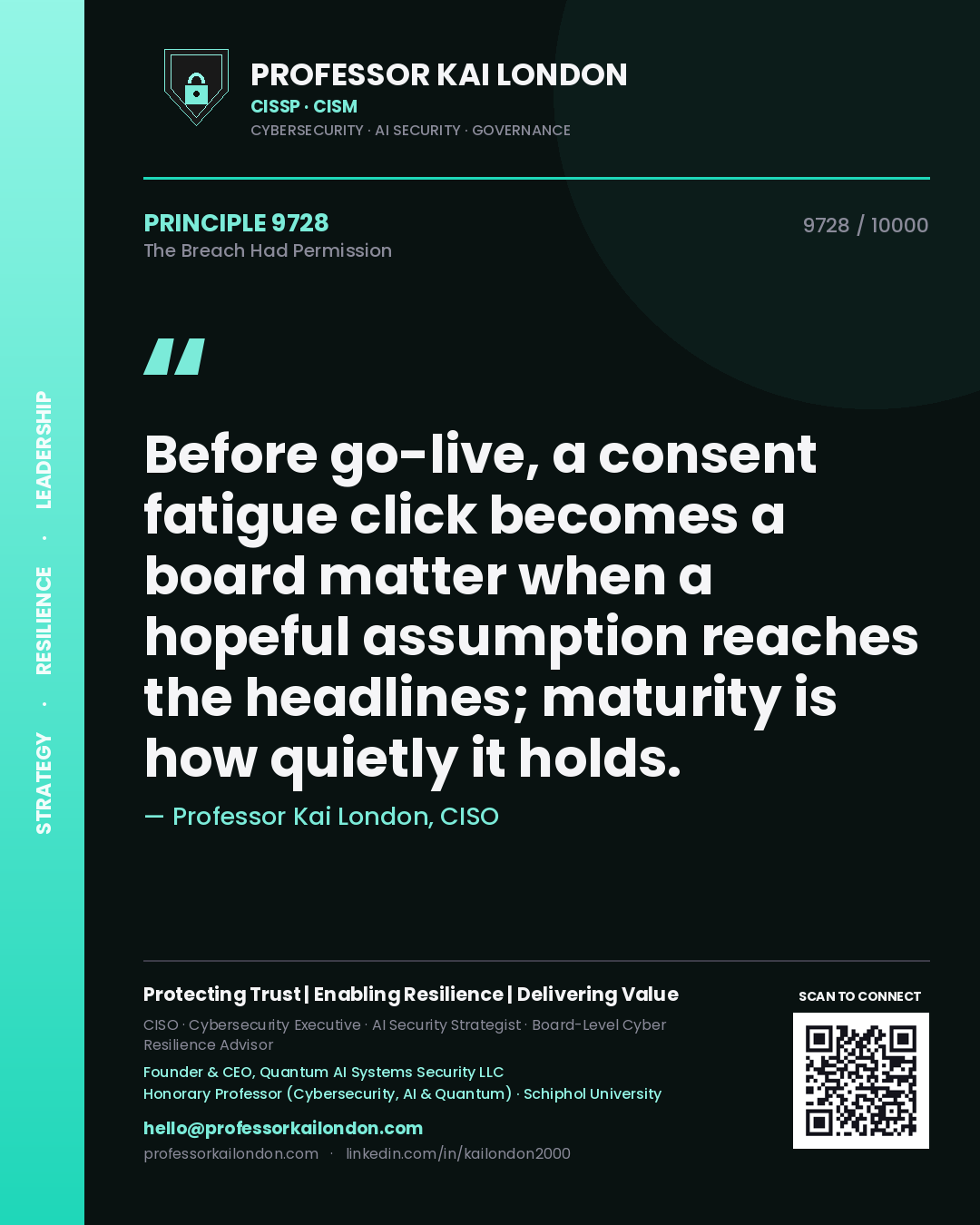 Quote card by Professor Kai London reading 'Before go-live, a consent fatigue click becomes a board matter when a hopeful assumption reaches the headlines; maturity is how quietly it holds.'. From the book The Breach Had Permission.