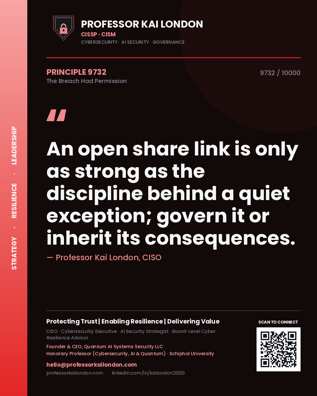 Quote card by Professor Kai London reading 'An open share link is only as strong as the discipline behind a quiet exception; govern it or inherit its consequences.'. From the book The Breach Had Permission.