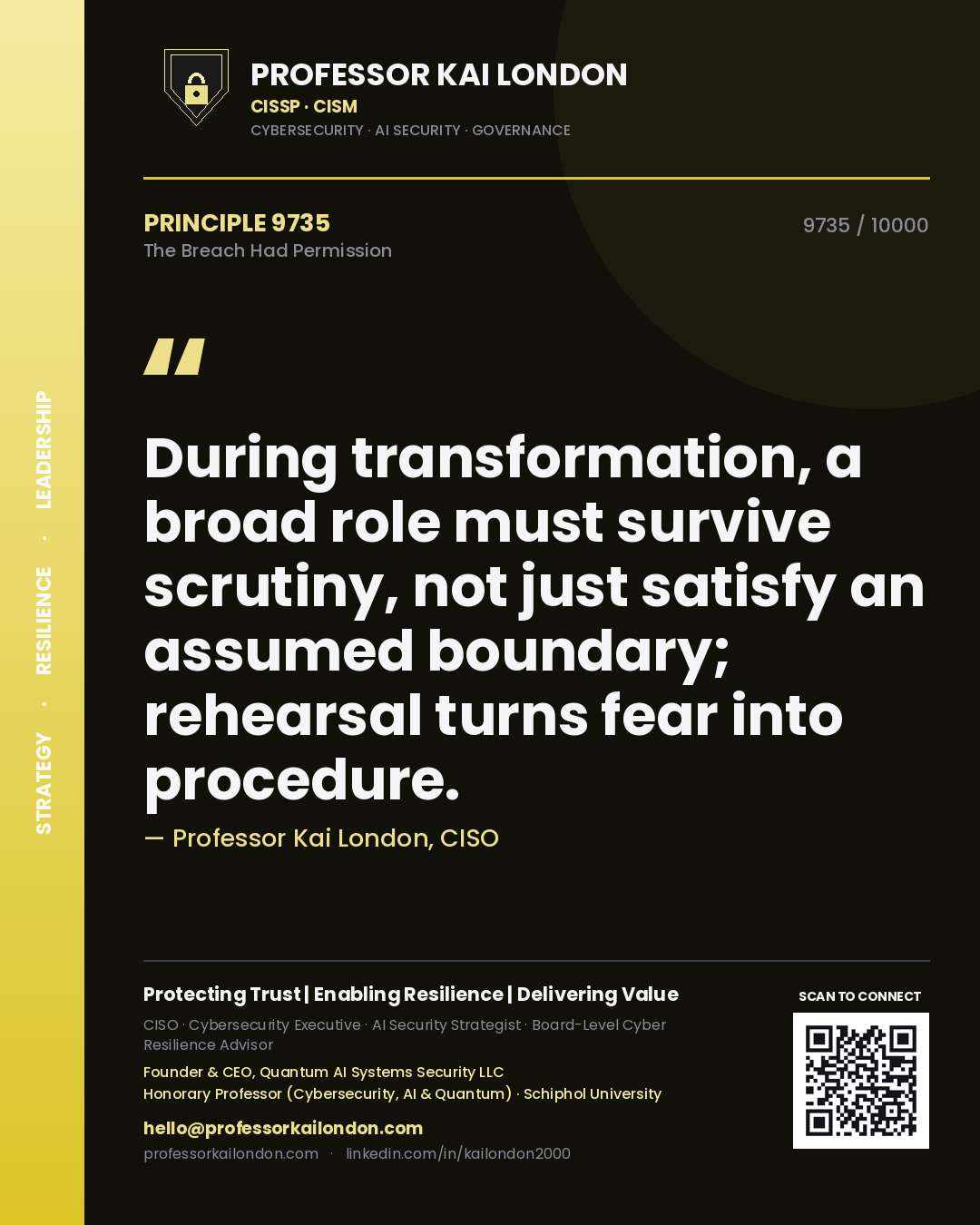 Professor Kai London principle 9735: During transformation, a broad role must survive scrutiny, not just satisfy an assumed boundary; rehearsal turns fear into procedure.