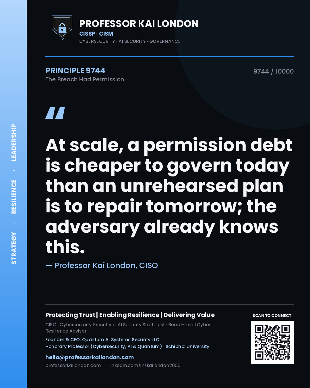 Professor Kai London principle 9744: At scale, a permission debt is cheaper to govern today than an unrehearsed plan is to repair tomorrow; the adversary already knows this.