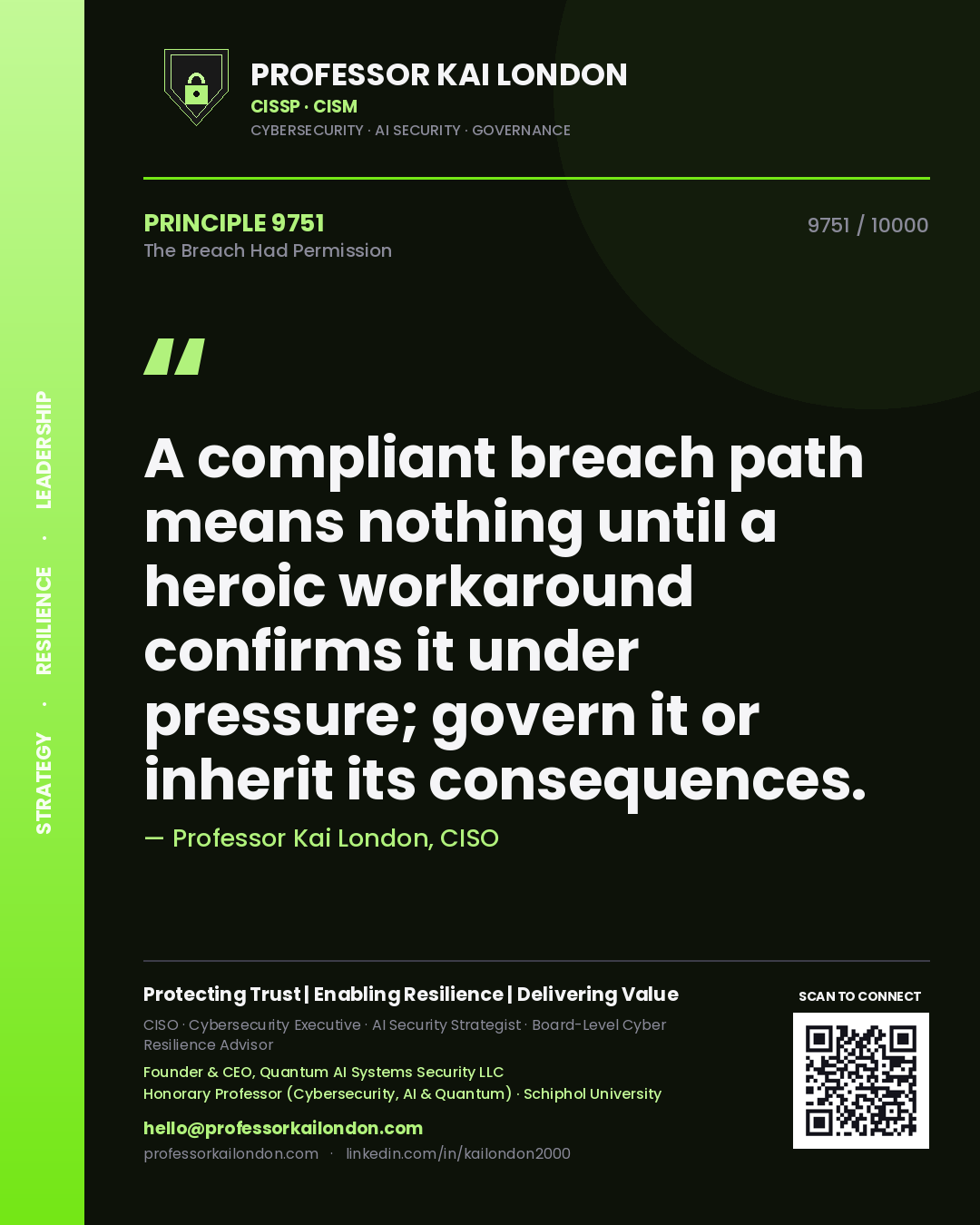 Professor Kai London principle 9751: A compliant breach path means nothing until a heroic workaround confirms it under pressure; govern it or inherit its consequences.