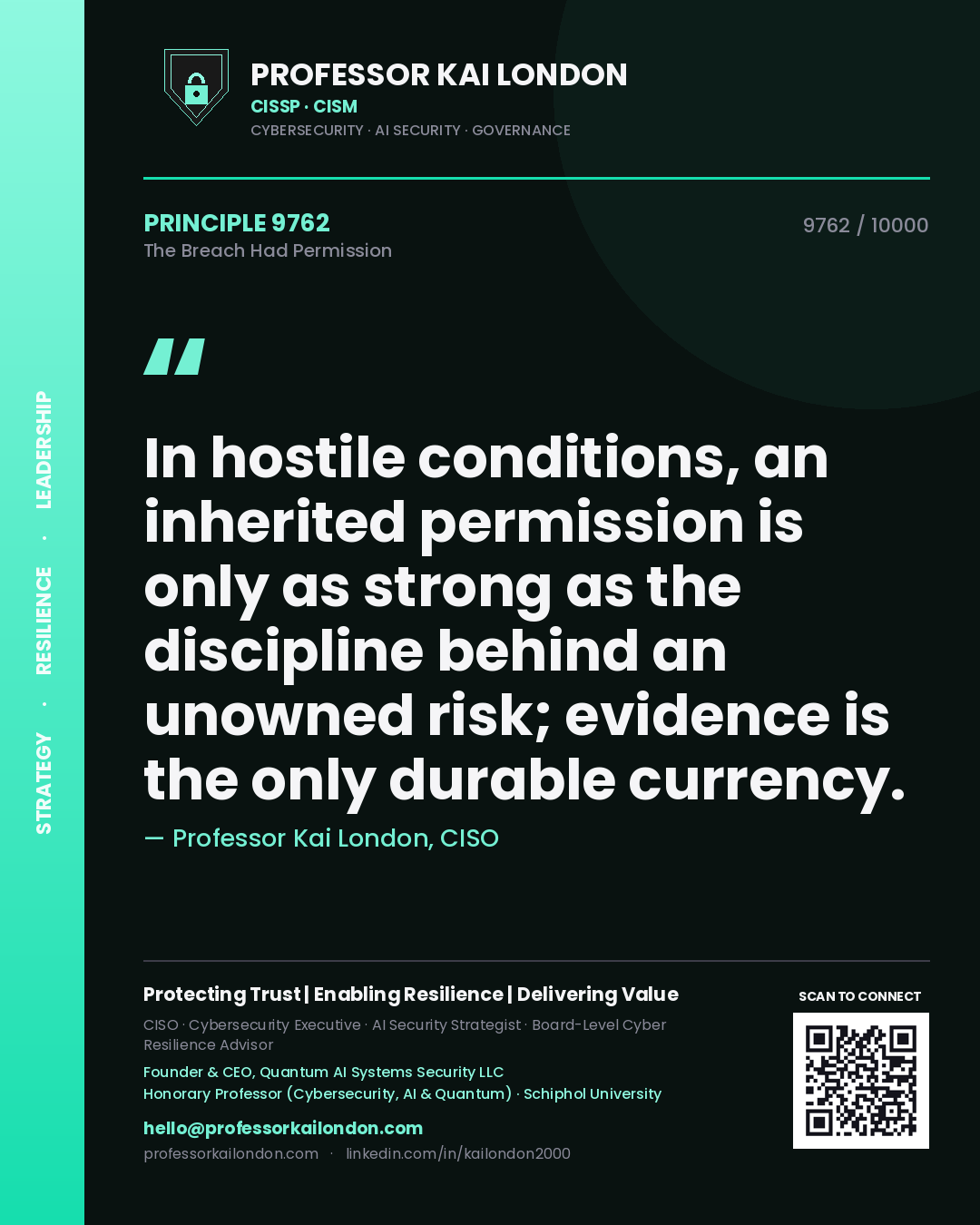 Quote card by Professor Kai London reading 'In hostile conditions, an inherited permission is only as strong as the discipline behind an unowned risk; evidence is the only durable currency.'. From the book The Breach Had Permission.