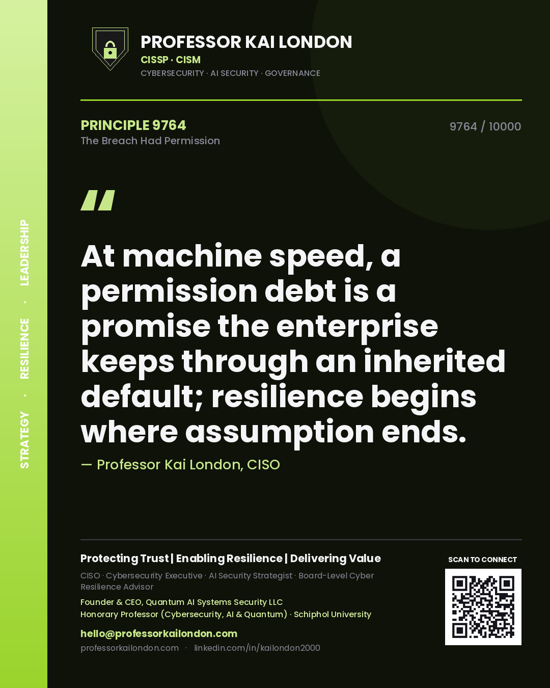Quote card by Professor Kai London reading 'At machine speed, a permission debt is a promise the enterprise keeps through an inherited default; resilience begins where assumption ends.'. From the book The Breach Had Permission.