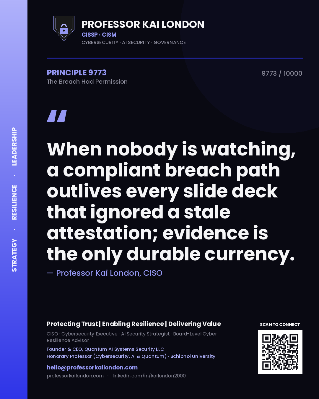 Quote card by Professor Kai London reading 'When nobody is watching, a compliant breach path outlives every slide deck that ignored a stale attestation; evidence is the only durable currency.'. From the book The Breach Had Permission.