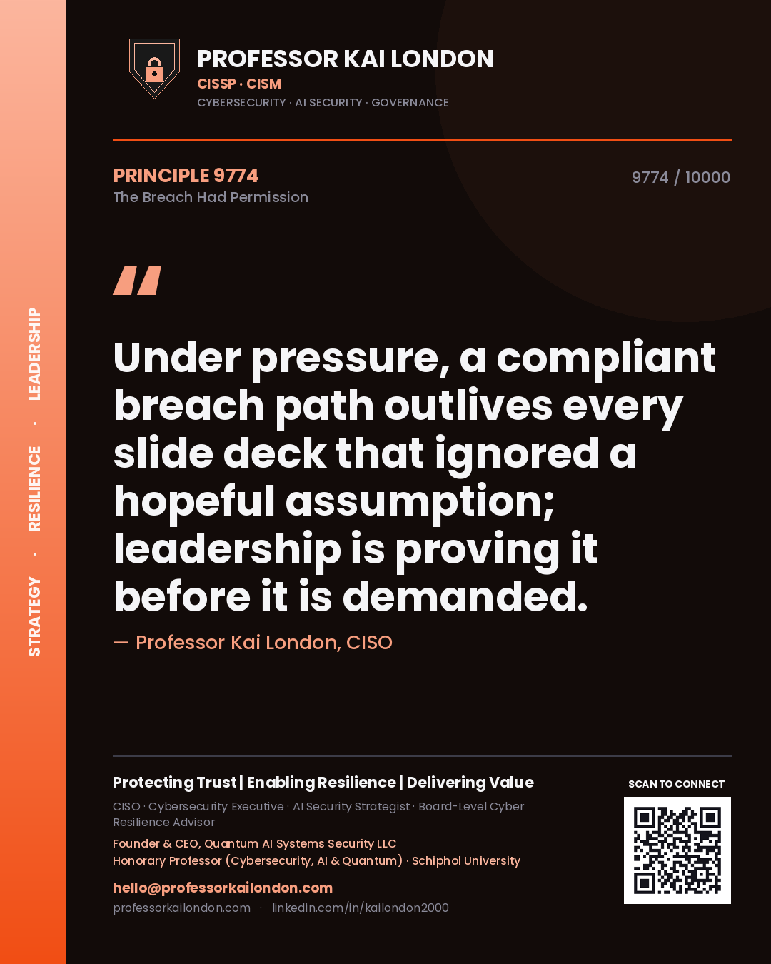 Quote card by Professor Kai London reading 'Under pressure, a compliant breach path outlives every slide deck that ignored a hopeful assumption; leadership is proving it before it is demanded.'. From the book The Breach Had Permission.
