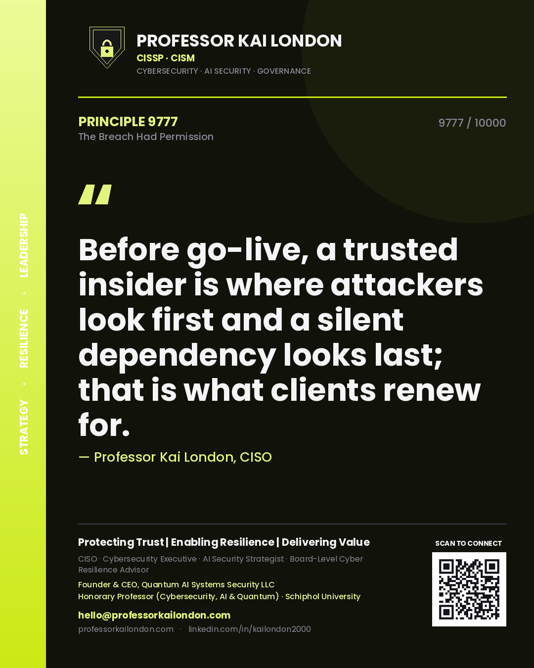 Quote card by Professor Kai London reading 'Before go-live, a trusted insider is where attackers look first and a silent dependency looks last; that is what clients renew for.'. From the book The Breach Had Permission.
