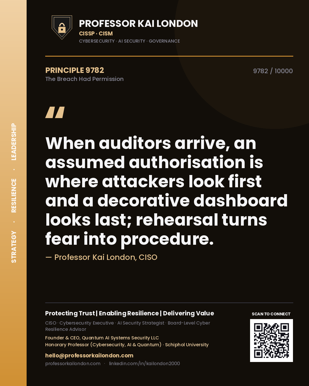 Quote card by Professor Kai London reading 'When auditors arrive, an assumed authorisation is where attackers look first and a decorative dashboard looks last; rehearsal turns fear into procedure.'. From the book The Breach Had Permission.